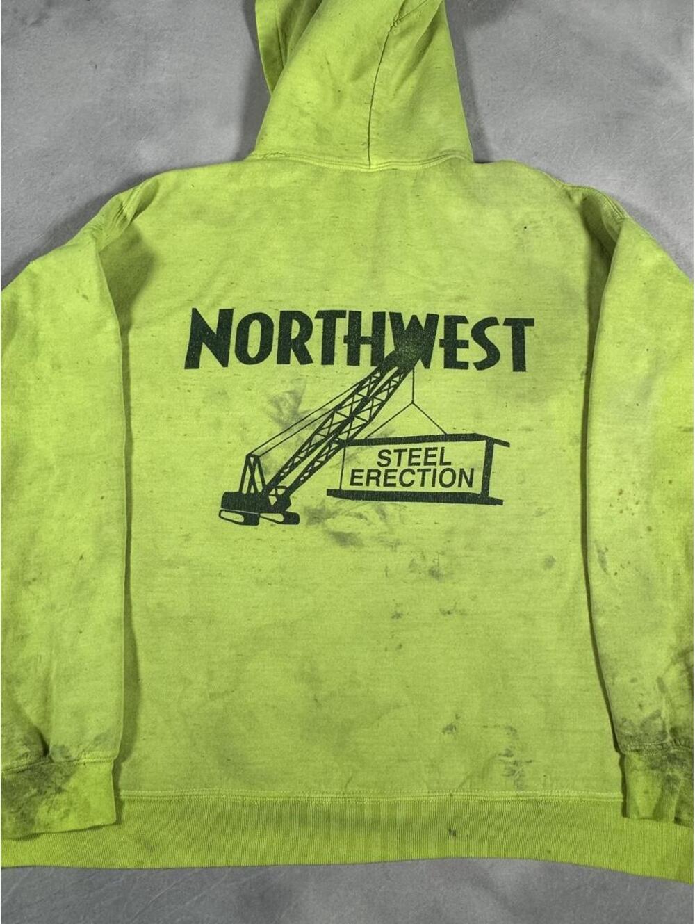 Northwest Steel Erector Workwear Hoodie Safety Green Gildan XL Distressed